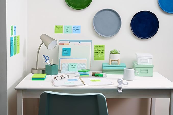 Post-it 100% Recycled Paper Super Sticky Notes, 3 in. x 3 in., 5 Pads, 70 Sheets per Pad, Oasis Collection, New Year Organization or Second Semester School Supplies