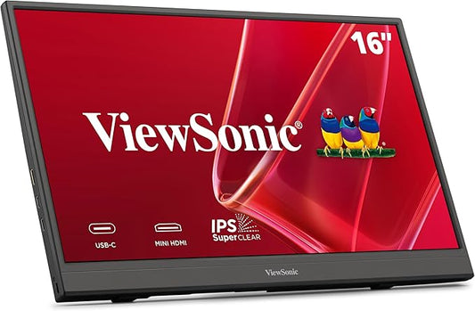 ViewSonic VA1653 16 Inch 1080p Portable Monitor, IPS Display with Eye Care for Easy Second Screen Productivity, Built-in Stand, USB-C, Mini HDMI, and Protective Case
