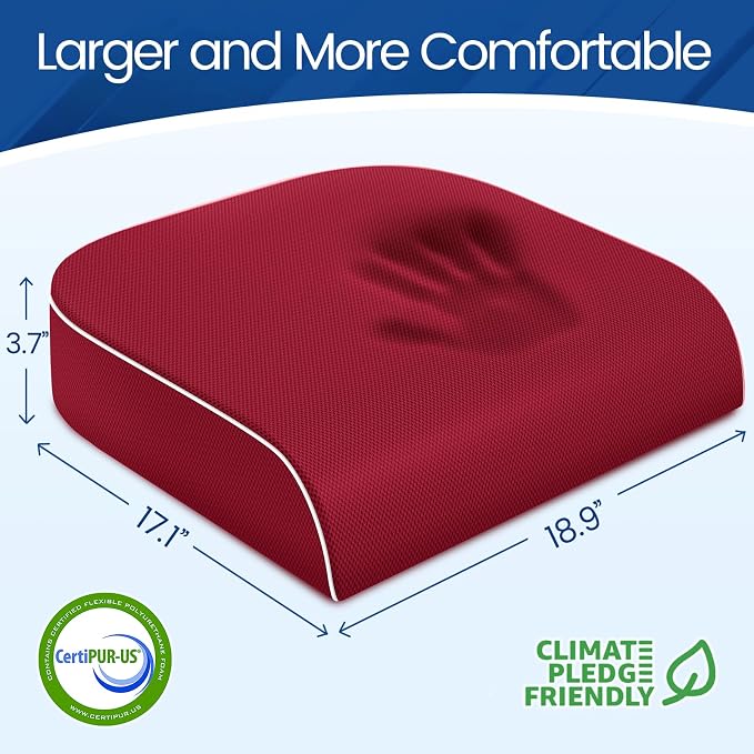 SweetSlubr Seat Cushion for Tailbone Pain Relief, Office Chair Cushion, Memory Foam Large Chair Cushion with Non-Slip Cover for Soft Support at Office Chair, Car Seat, Airplane Red/2X-Large