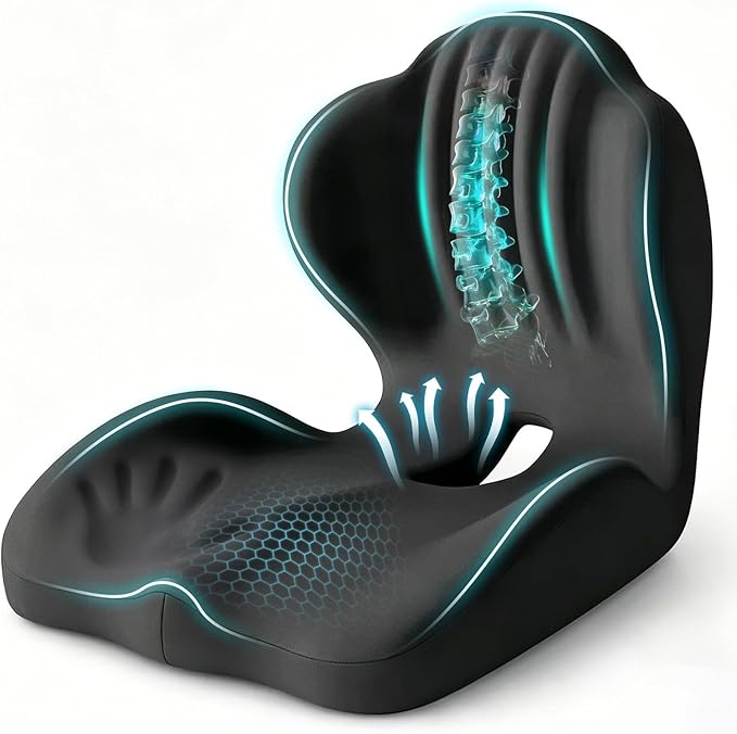 Car Seat Cushion with Lumbar Support, One-Piece L-Shaped Memory Foam | Ergonomic design with coccyx cutout, hip-to-thigh support and anti-slip base for long drives, office chairs and wheelchairs.