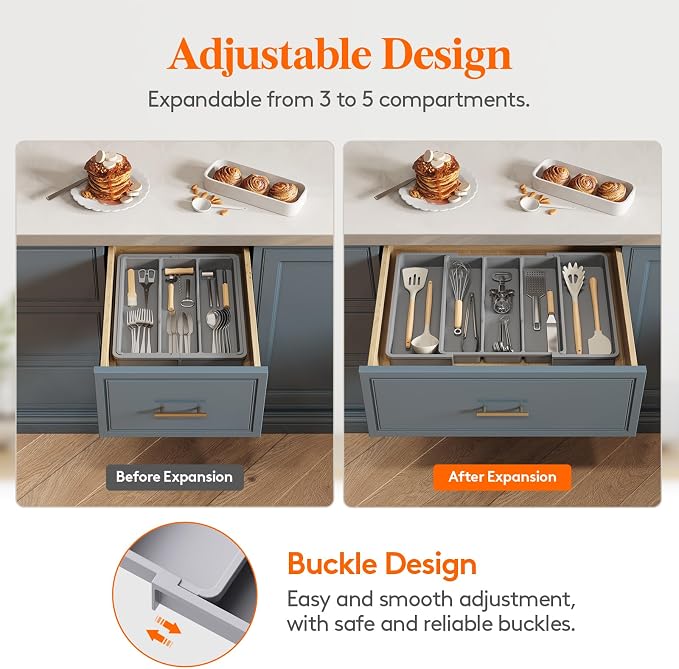 Lifewit Utensil Organizer for Kitchen Drawers, Expandable Cooking Utensil Tray, Adjustable Cutlery Silverware Flatware Holder, Plastic Spatula Tools Storage Divider, 13-22 x 15", Gray