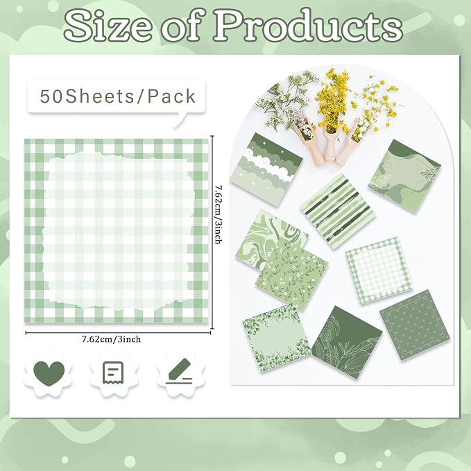 Aesthetic Sticky Notes Gifts, 9 Pack Green Aesthetic Notepads 3x3 Inch Gifts for Coworkers Students, Pastel Green Memo Pads Office School Supplies for Men Women (450 Sheets)