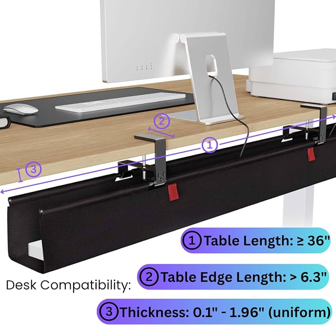 Under Desk Cable Management Tray, 36" Large No Drill Cord Organizer with Easy to Clean Oxford Fabric, Clamp On Power Stripe Holder for Home Office & Gaming Space to Hide Wires