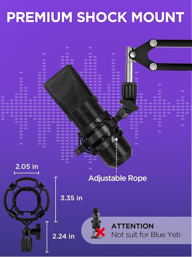 InnoGear Microphone Stand Mic Boom Arm for Blue Yeti HyperX QuadCast S SoloCast Snowball Fifine K669B and other Mic, with Shock Mount Windscreen Pop Filter Mic Clip Holder Cable Ties, Large