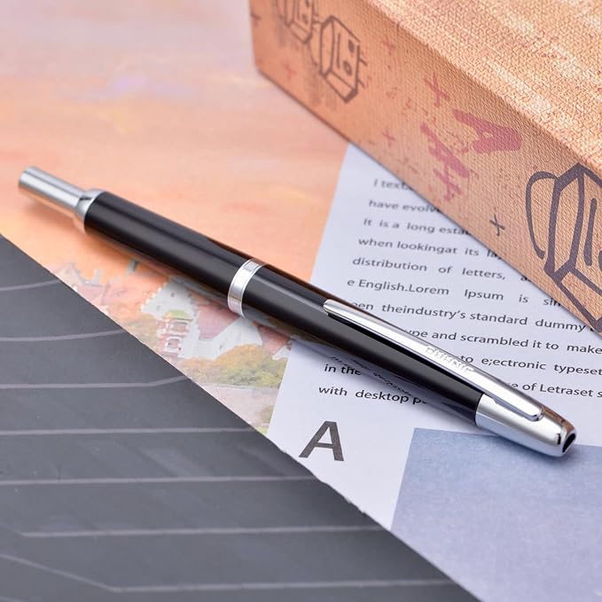 Jinhao 20 Press Fountain Pen, Piano Black Retractable Fine Nib with Ink Converter Set (Silver Clip)