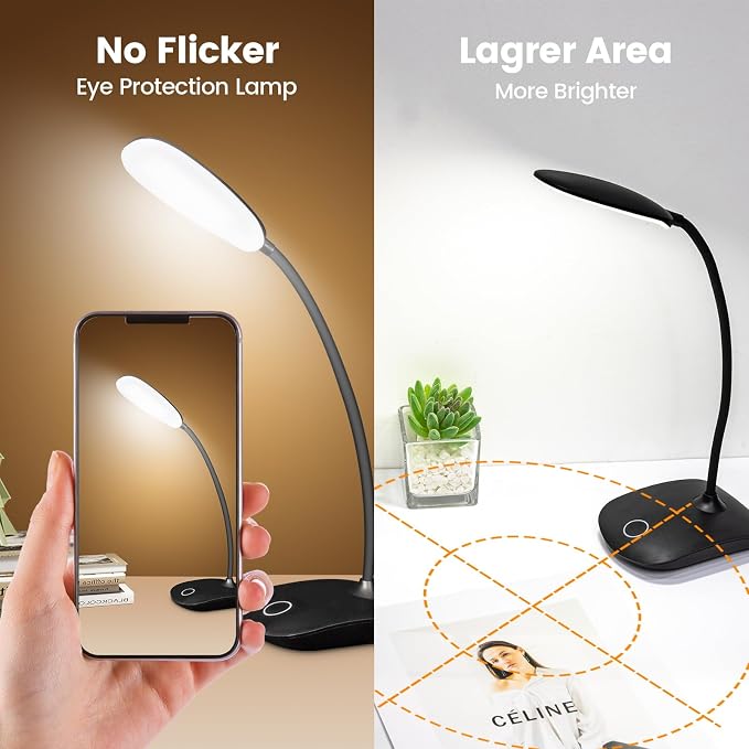 Battery Powered Desk Lamp, Portable Lamps Rechargeable 3 Color Mode Touch Control Stepless Dimming, Wireless Desk Lamp with 2000mAh, Small LED Table Light for Dorm Study Office Bedroom- Black (2-PACK)