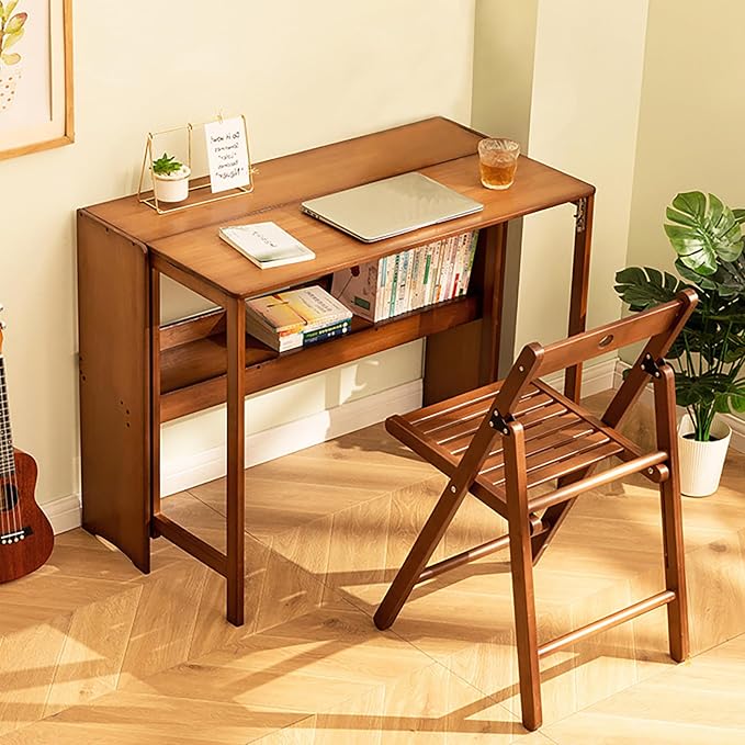 Folding Desk for Small Space, Computer Desk with Bookshelf Multifunctional Bamboo Rectangular Dining Table Work Desk, Writing Desk for Student Office, 40.5" W x 29.9" H (Dark Brown)