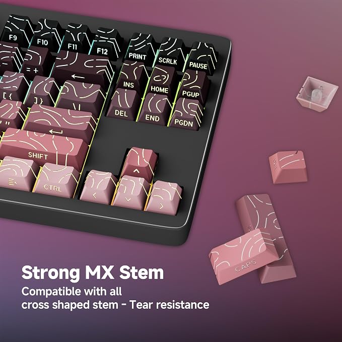 133 Aesthetic Topographic PBT Keycaps, No Tearing, Never Fade & Non-Slip, Modern RGB Backlit Black-to-Pink Gradient Keycaps for Mechanical Keyboard - Ergonomic (Doubleshot, Fit All for MX Layout)