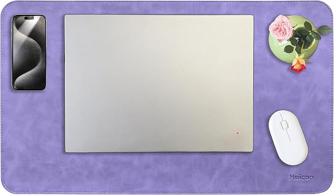 Soft Anti-Curl Faux PU Desk Mat 23.6"x13.8", Waterproof Heat Safe Non-Slip Vintage Desk Pad, Stitched Edge Wipeable Tear Resistant Desktop Protector for Work from Home Office (Purple)