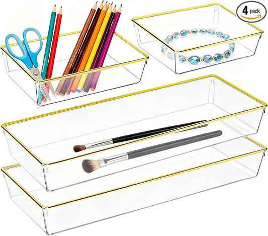 4 Pack Large Size Clear Stackable Drawer Organizer Trays, Gold Rim Makeup Drawer Storage Tray Divider, Desk Storage for Makeup, Jewelry, Bathroom, Stationary, Kitchen Utensils and Office Desk