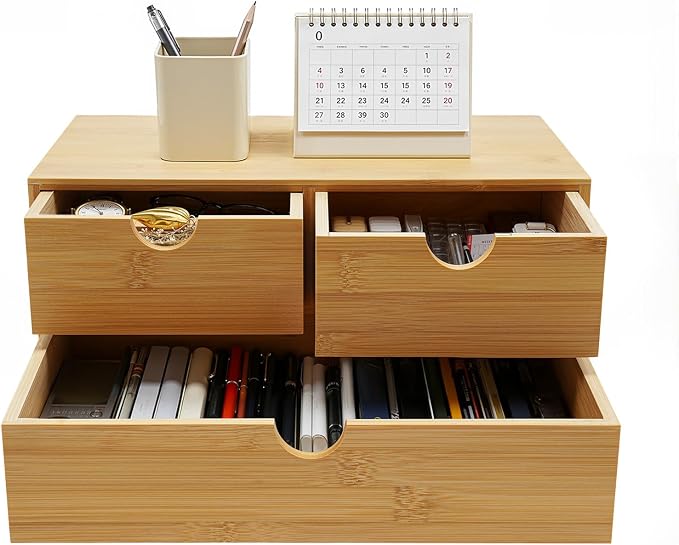 3 Drawers Bamboo Desk Organizer, Tabletop Storage Organization Multifunctional Desktop Organizer Office Wooden Drawer Mini Wood Desk Drawers Organizers for Home Office No Assembly Required