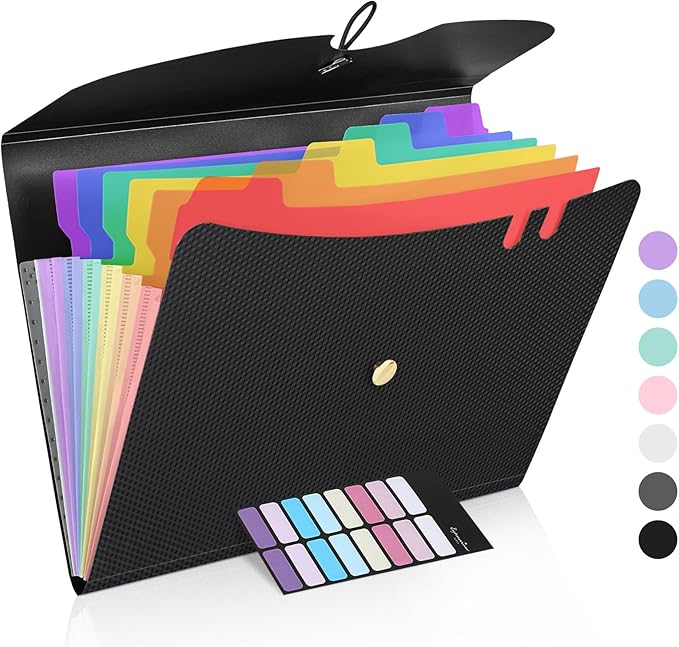 Sooez 7 Pocket Accordion File Organizer, Premium Expanding File Folder with Bungee Closure, Letter Size Folders for Documents, Portable Filing Folders for School Office Supplies, Black
