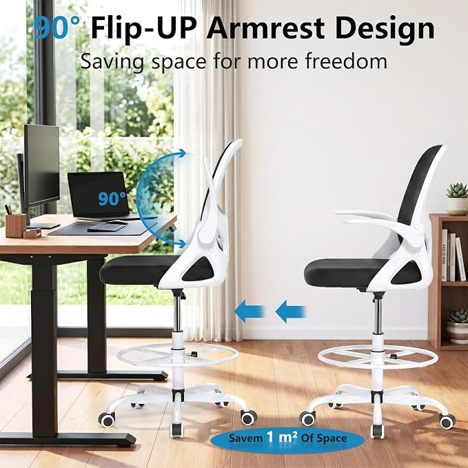 Kensaker Drafting Chair Tall Office Chair, Ergonomic Standing Desk Chair with Adjustable Foot Ring and Flip-up Armrests, Mesh Computer Chair for Art Studio, 300 LBS, White