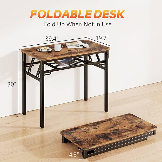 BYMECOST 39 inches Folding Computer Desk, No Assembly Long Foldable Office Table, Portable Large Foldable Home Office Desk, No Install Activity Table Conference Table (Brown, 39.4")