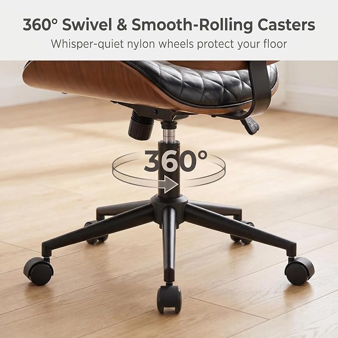 Furnimart Wooden Armless Desk Chair with Wheels, 360° Swivel Faux Leather Vanity Chair for Bedroom, Small Office Computer Task Chair for Home & Compact Spaces (PU Black)