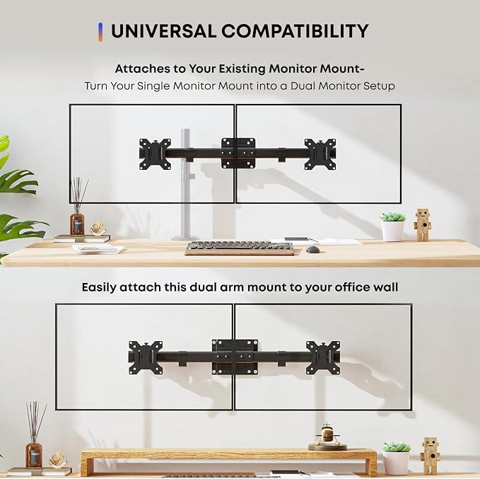 PUTORSEN Dual Monitor Wall Mount, Horizontal Assembly Mount for 2 Monitor Screens up to 27 inches,Max. 10kg, VESA 75x75/100x100mm