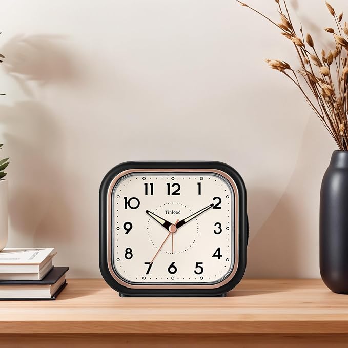 Tinload 4.3" Vintage Retro Analog Alarm Clock, Super Silent Non Ticking Clock with Manual Light, Snooze, Battery Operated, Simply Design, for Living Room, Bedroom, Bedside, Desk(Black)