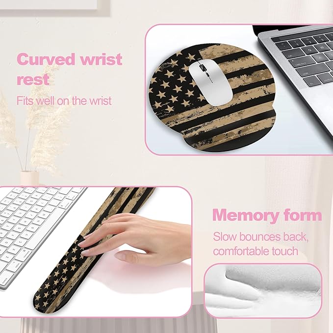 Retro Flag Ergonomic Wrist Support Keyboard Mouse Wrist Rest Set, Computer Office Comfortable Wrist Rest for Mouse Easy Typing