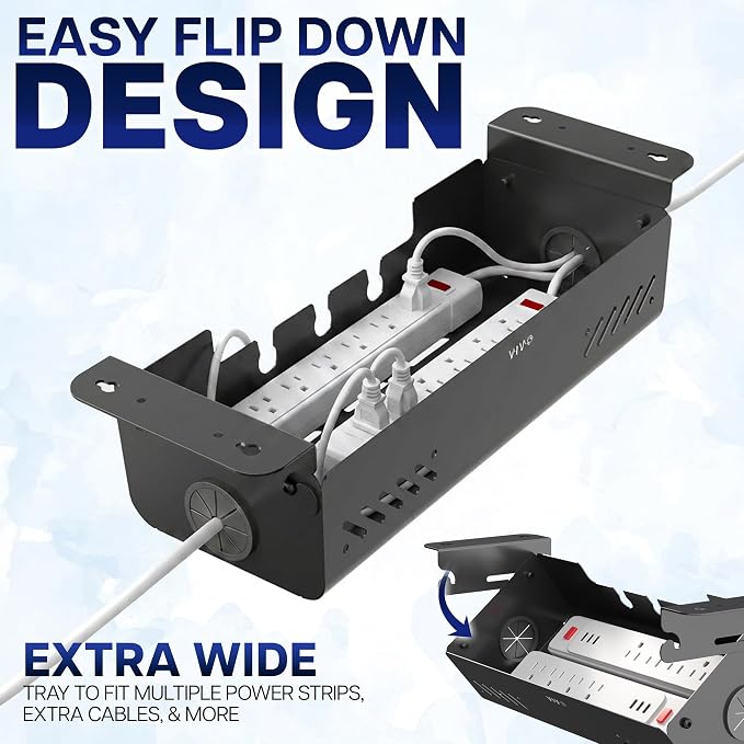 VIVO 19 inch Screw-On Under Desk Cable Management Box with Flip-Open Lid, Easy-to-Open Steel Cord and Power Strip Organizer, Cable Organizer Tray, 11lbs Capacity, Black, DESK-ACMB20-S