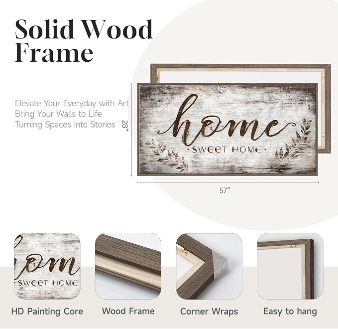 Large Framed Home Sweet Home Wall Art for Living Room, Vintage Rustic Brown Canvas Artwork for Walls, Family Sign Farmhouse Horizontal Painting Print Wall Decor for Bedroom Hallway Office, 30x60 Inch