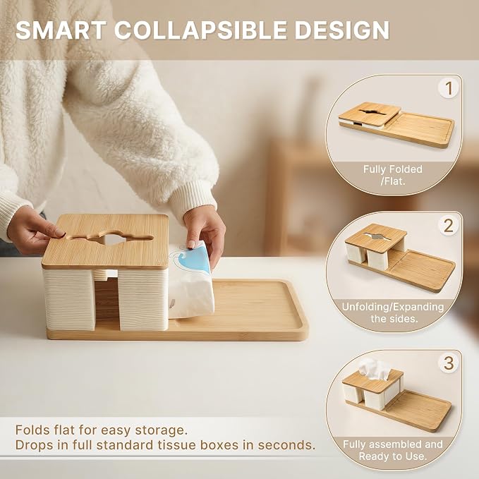 Bamboo Tissue Box Holder with Organizer Tray for Desk, Nightstand, Home | Decorative rectangle tissue box cover for nightstand, office desk, living room and bedside table, fits standard boxes