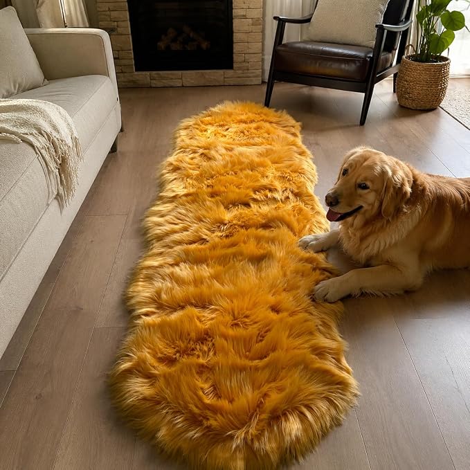 EasyJoy Faux Sheepskin Rug, Fluffy Faux Fur Rug, Ultra Soft Shag Area Rug with Non-Slip Backing for Bedroom, Living Room, Nursery, Kids Room(2 x 6 ft Sheepskin, Golden Yellow)