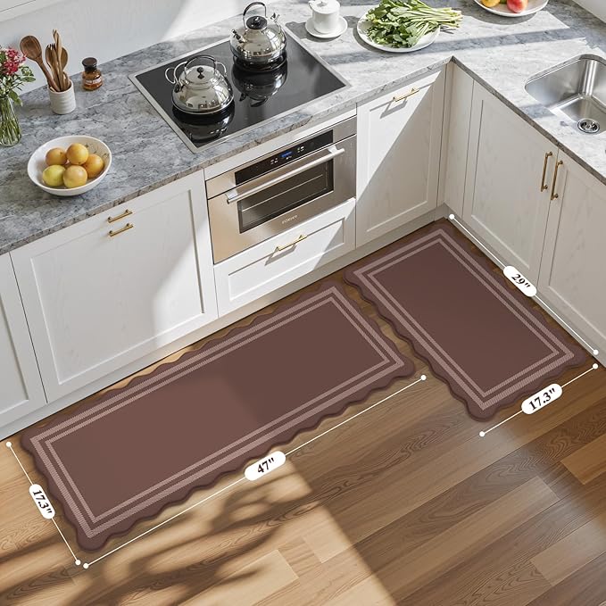 KIMODE Anti Fatigue Kitchen Mats for Floor, Farmhouse Scalloped Rugs for Kitchen Floor, Boho Kitchen Rugs Non Slip, Cushioned Standing Mats for Laundry Office Sink Desk Brown 17"x47"+17"x29"