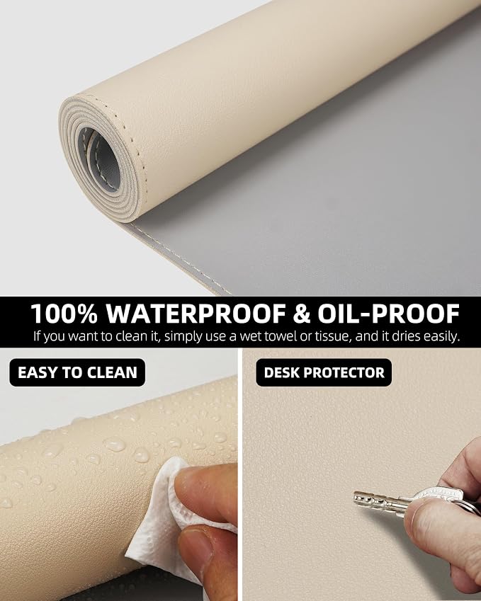 Dual-Sided Leather Desk Pad Protector- Non-Slip PU Desk Mat, Small Waterproof Office Blotter for Keyboard & Mouse | Desktop Mat | Home Office Accessories (31.5"x15.7",Beige Grey)