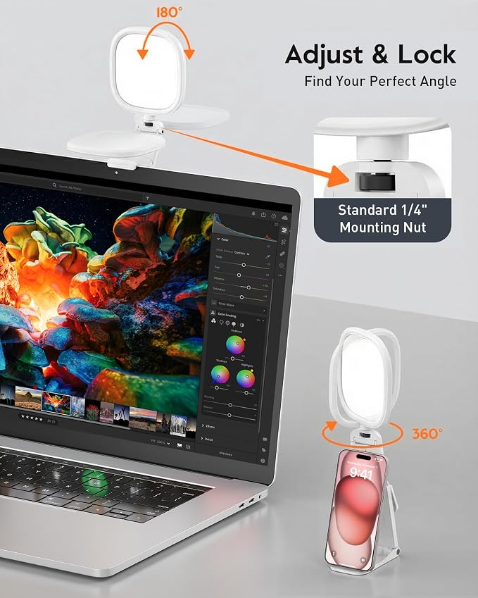 Upgraded Ring Light for Laptop, Monitor & Desk – Eye-Caring Diffused LED Computer Light with Screen-Safe Clip, Adjustable Monitor Mount, CRI 97.8+, 50 Lighting Modes for Zoom, Video Calls & Streaming