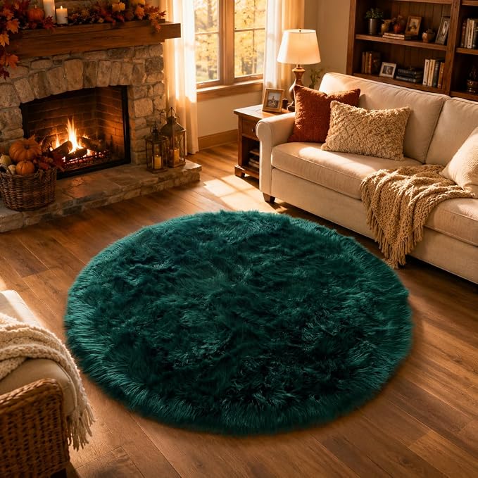 EasyJoy Faux Sheepskin Rug, Fluffy Faux Fur Rug, Ultra Soft Shag Area Rug with Non-Slip Backing for Bedroom, Living Room, Nursery, Kids Room (4 x 4 ft Round, Dark Green)