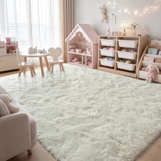 Zentavio White Living Room Rugs 8x10 Large Area Rugs for Bedroom Soft Fluffy Furry Shag Aesthetic Carpet Plush High Pile Floor Rug for Nursery Kids Room Dorm Home Decor