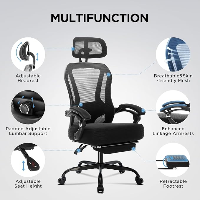 Ergonomic Office Chair with Footrest,Ultra Thick Desk Chair,Black | 150°Reclining,Mesh High Back,Adjustable 2D Lumbar Support and Headrest,4.8" Spring Cushion,Premium Computer Chair for Adults