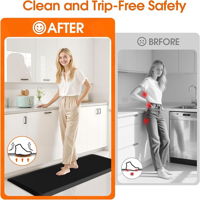 TranquilRelax Kitchen Mat, Cushioned Thick Floor Comfort Mat, with Non-Slip Bottom, Waterproof & Stain Resistant & Easy Clean, Standing Desk Mat for Kitchen, Sink, Office (17.3''x39'', Black)