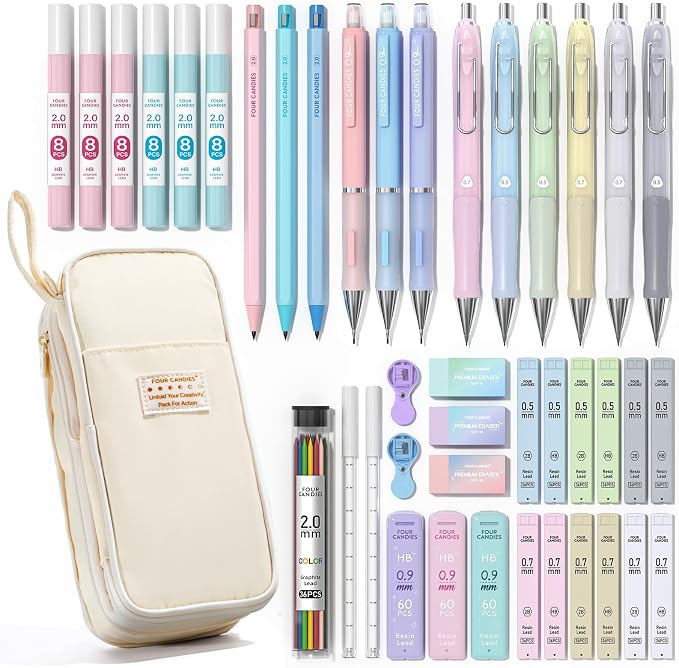 Four Candies 42PCS Aesthetic School Supplies, Mechanical Pencils 0.5mm, 0.7mm, 0.9mm & 2.0mm with 696PCS Lead Refills, Cute Mechanical Pencil Set for Writing, Drawing & Drafting (Cream)