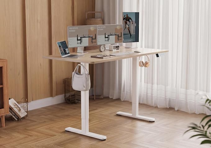 YDN Electric Standing Desk Adjustable Height, 63 x 24 Inches Stand up Desk with Cable Management, Home Office Desks with Splice Board & White Frame, Nature Top