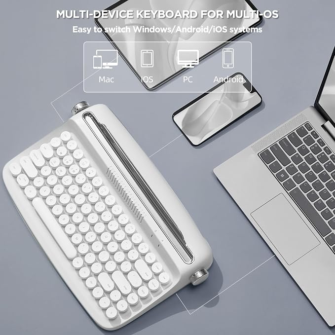 YUNZII ACTTO B303 Wireless Keyboard, Retro Bluetooth Aesthetic Typewriter Style Keyboard with Integrated Stand for Multi-Device (Snow White, B303)