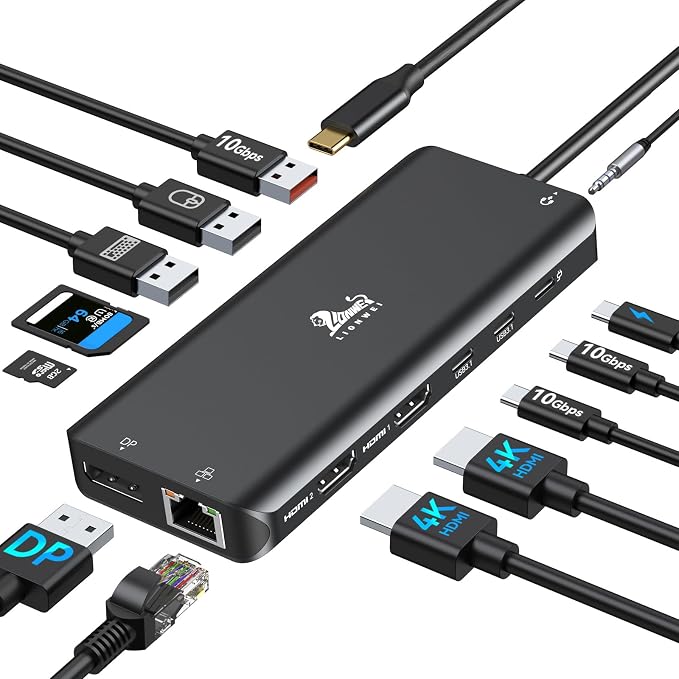 13-in-1 Docking Station Dual Monitor 4K, LIONWEI USB C Dock for Laptop Mac | Dual HDMI+DP, 4K, 10Gbps, 100W PD, Ethernet, Audio, SD/TF, 6 USB C/A Ports, USB C Hub for MacBook/Dell/HP/Lenovo