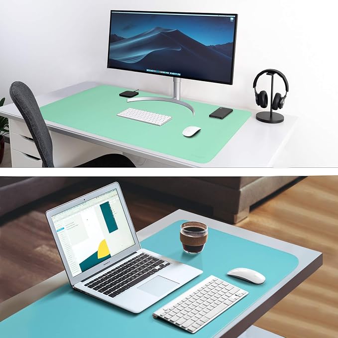 Green/Lake Blue Dual Sided PU Leather Desk Pad, Upgraded Sewing Laptop Mat, Waterproof Large Mouse Pad, Smooth Writing/Painting Mat Non-Slip Desk Protector/Decoration 31.5"x15.8" (80x40cm)