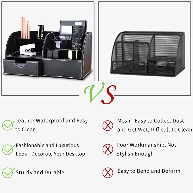 Pu Leather Desk Organizer Pen Pencil Holder Office Supplies Caddy Storage Box 6 Compartments with Drawer Black (Full Pu Leather)
