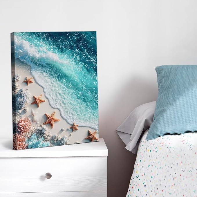 Coastal Beach Wall Art, Ocean Wave Starfish Seashell Wall Decor, Turquoise Sea Coral Seascape Painting Picture, Coastal Wall Decor for Bathroom Living Room Bedroom 8x10 Canvas Framed