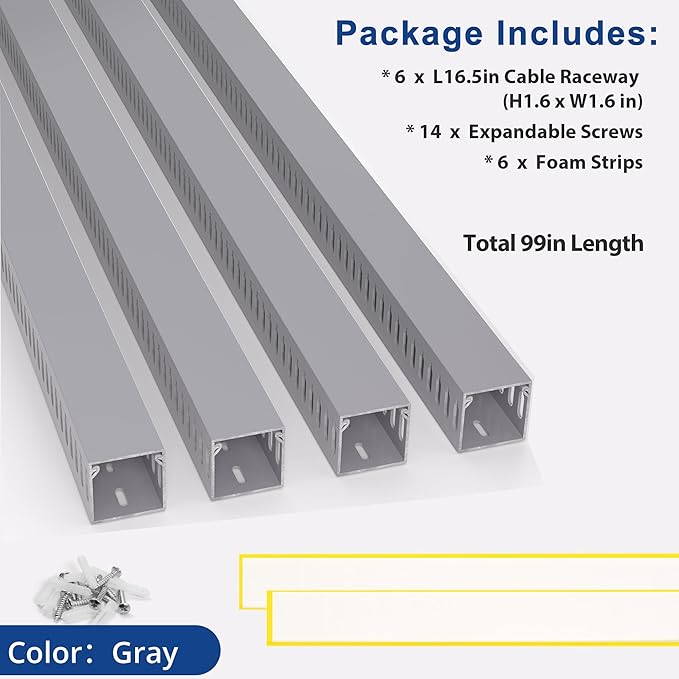 1.6"H x 1.6"W Cable Raceway, 99in Under Desk Wire Management Channel, Grey | Slotted Wire Duct, 6Pack, 16.5in Each, Heavy-Duty PVC Cable Management for Server Racks, Network Cables & Electrical Cabinets