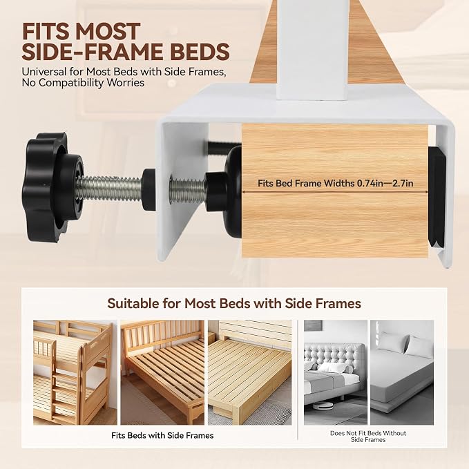 Bedside Shelf Rotating Foldable Tray:Height-Adjustable Clip On Bed Side Tray Table, Tray Table with Sturdy Metal Pole,Fits Bed Frames 0.7"-2.7" Wide for Dorms, Apartments, Bedrooms,Dorm Essentials