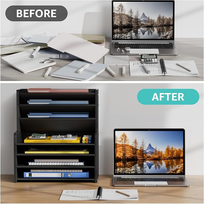 7 Tier Black Desk Organizer with File Holder, Wood Desktop Paper Organizer for Office Organization, Vertical Document Sorter and Letter Tray for Desk, School Storage Orgnizer Shlef