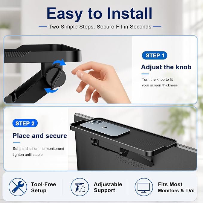 QAQMILI TV Top Shelf, Adjustable Computer Monitor Shelf, Screen Top Speaker Mount Storage Bracket for WiFi Router, Media Box, Game Console, Remote Controls, Cable Box, Cell Phone, Plants