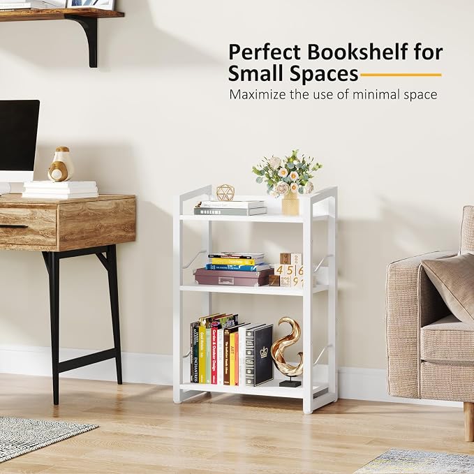 Hosfais Book Shelf Small Bookshelf - 3-Tier Wood Bookcase Industrial Bookshelf Metal Narrow Bookcase Storage Organizer Display Rack for Bedroom Living Room Home Office (White)
