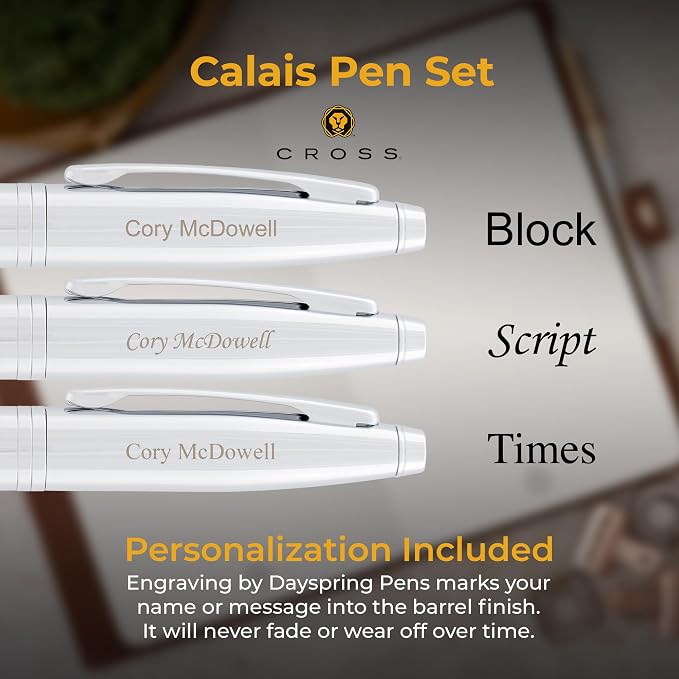 Cross Calais Engraved Ballpoint and Rollerball Pen Set, Chrome, Art Deco Design, Matching Engraving on Both Pens, Gift for Graduation, Writers, Career Advancement, Cross Gift Box