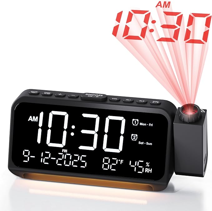 Roxicosly Projection Alarm Clock for Bedroom Ceiling, 118 dB Super Loud for Heavy Sleepers, Plug in Dual Alarm with Weekday/Weekend, 6.7" Large Digital Dimmable Display, Easy to Read