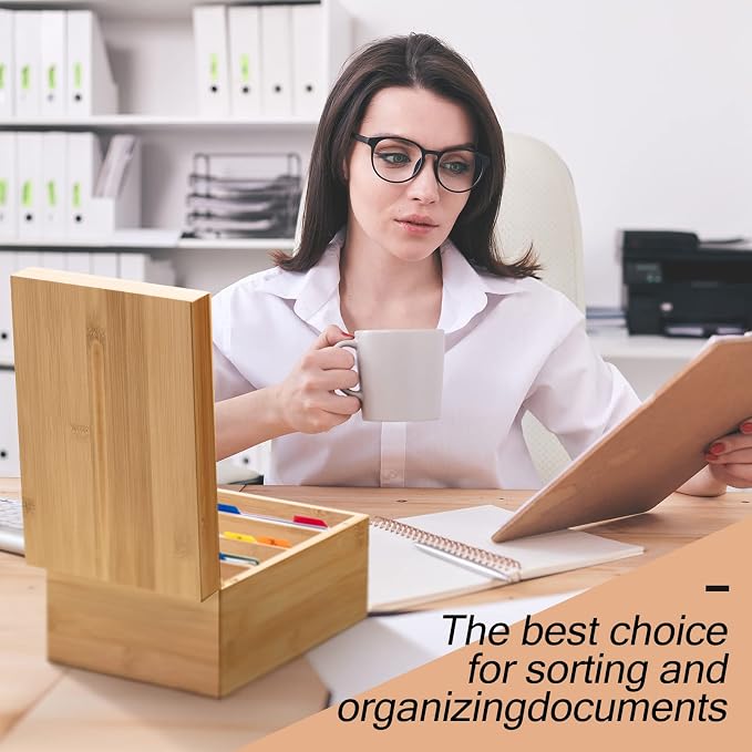 4 x 6 Inch Index Card Holder Set, Bamboo Organizer Box with 50 Dividers & 2 Sheets Alphabet Number Stickers File Note Holders, Holds 1200 Cards for Office Business Home Kitchen, Wooden Color