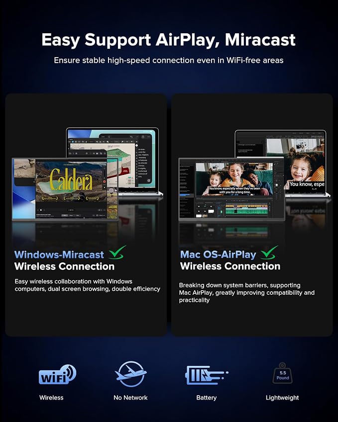 EVICIV Wireless Portable Monitor with 10000mAh Battery, 24" 145% sRGB QLED Ultra-Slim Monitor, Support AirPlay, Miracast, USB-C & HDMI, Sleeve & VESA, Second Screen for Laptop, Game Consoles(3-4H)