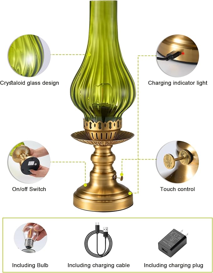 UMEXUS Vintage Small Cordless Table Lamp, Rechargeable Battery Powered | Touch Control Dimmer, Green Glass Shade & Gold Base Ambient Lighting, Home Decor for Bedroom Living Room Kitchen Nightstand